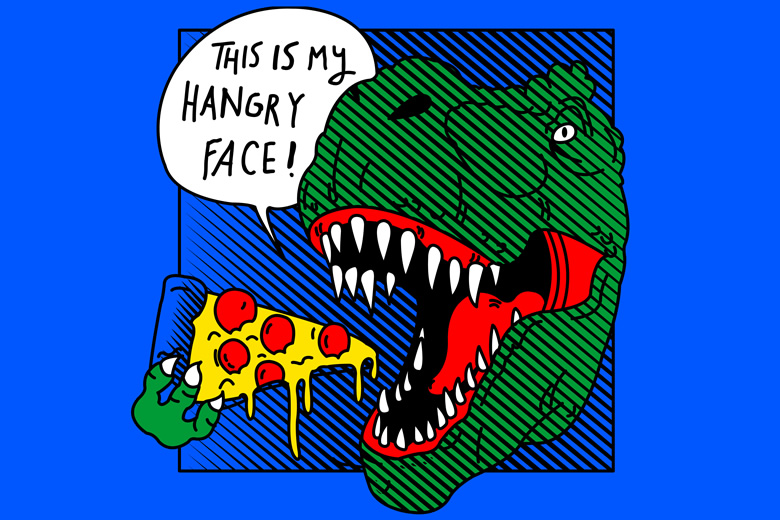 Dinosaur eating a pizza